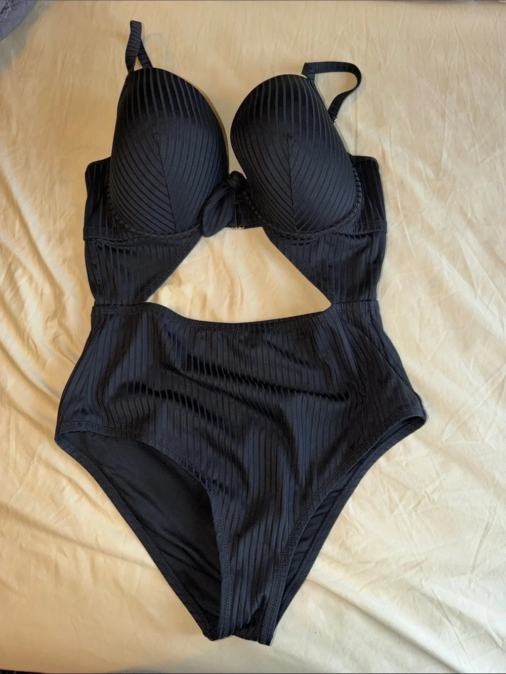 Shade & Shore Black Ribbed Cutout One-Piece Swimsuit